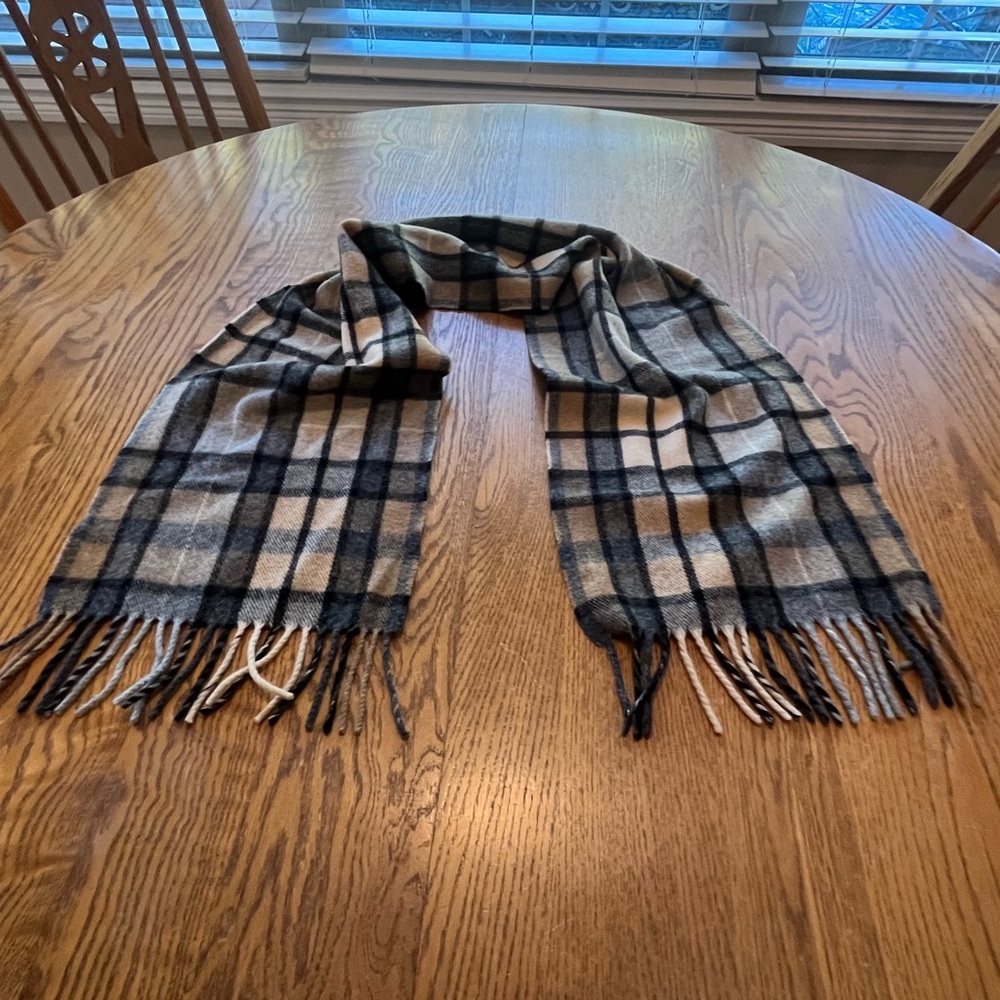 James Pringle Scotland Wool Tan Black Plaid Tartan Scarf Men’s